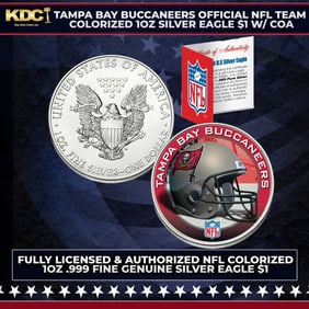 Tampa Bay Buccaneers Official NFL Team Colorized 1oz Silver Eagle $1 w/ COA Other Toy