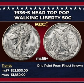 1936-s Walking Liberty Half Dollar Near Top Pop 50c ms66+ SEGS