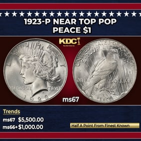 1923-p Peace Dollar Near Top Pop $1 ms67 SEGS
