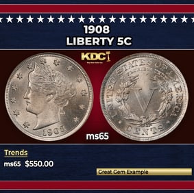 1908 Liberty Nickel 5c Grades ms65