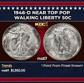 1946-d Walking Liberty Half Dollar Near Top Pop 50c ms67 SEGS