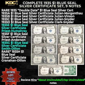 Complete 1935 $1 Blue Seal Silver Certificate Set, 9 Notes 1935-1935H, Including Rare Double Date