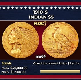 1910-s Gold Indian Half Eagle $5 ms64 USCG