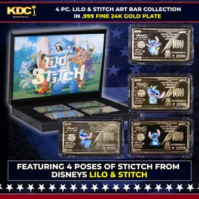 4 PC. Disney Lilo & Stitch Gold Plated Art Bar Collection In Custom Box W/ Special Backer card