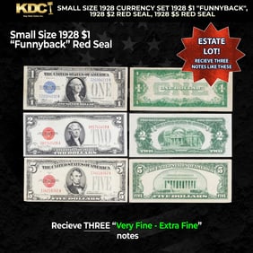 Small Size 1928 Currency Set 1928 $1 "Funnyback", 1928 $2 Red Seal, 1928 $5 Red Seal Grades VF/XF