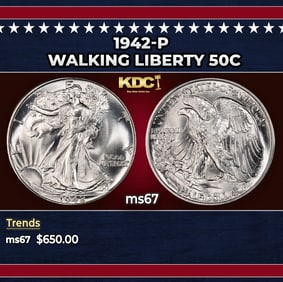 1942-p Walking Liberty Half Dollar 50c ms67 SEGS