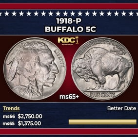 1918-p Buffalo Nickel 5c ms65+ SEGS