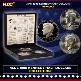 Complete 3 PC. 1988 Kennedy Half Dollar 50c set In Custom Box W/ Special Backer Card BU & Proof