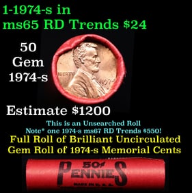 BU Shotgun Lincoln 1c roll, 1974-s 50 pcs Bank Wrapper 50c