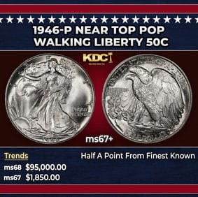1946-p Walking Liberty Half Dollar Near Top Pop 50c ms67+ SEGS