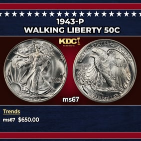 1943-p Walking Liberty Half Dollar 50c ms67 SEGS