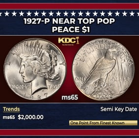 1927-p Peace Dollar Near Top Pop $1 ms65 SEGS