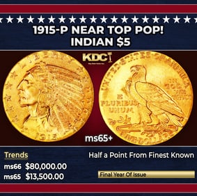 1915-p Gold Indian Half Eagle Near Top Pop! $5 ms65+ USCG