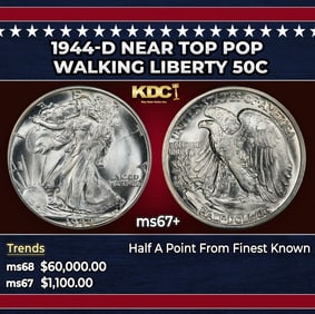 1944-d Walking Liberty Half Dollar Near Top Pop 50c ms67+ SEGS