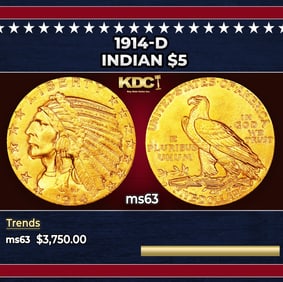 1914-d Gold Indian Half Eagle $5 ms63 USCG