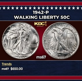1942-p Walking Liberty Half Dollar 50c ms67 SEGS