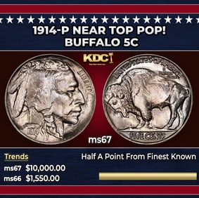 1914-p Buffalo Nickel Near Top Pop! 5c ms67 SEGS