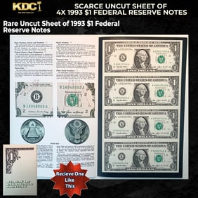 Scarce Uncut Sheet of 4x 1993 $1 Federal Reserve Notes In BeP Folder