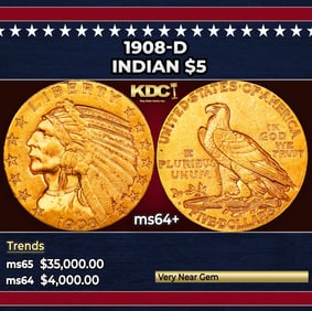 1908-d Gold Indian Half Eagle $5 ms64+ USCG