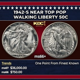 1942-s Walking Liberty Half Dollar Near Top Pop 50c ms66+ SEGS