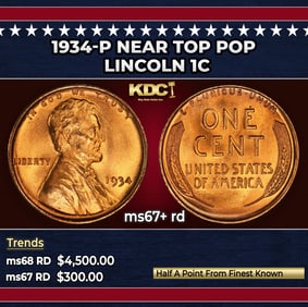 1934-p Lincoln Cent Near Top Pop 1c ms67+ rd SEGS