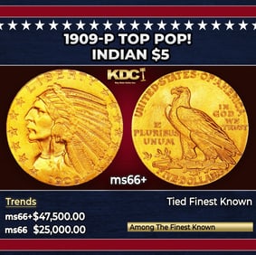 1909-p Gold Indian Half Eagle TOP POP! $5 ms66+ USCG