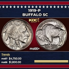 1919-p Buffalo Nickel 5c ms66+ SEGS
