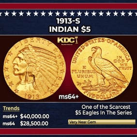 1913-s Gold Indian Half Eagle $5 ms64+ USCG