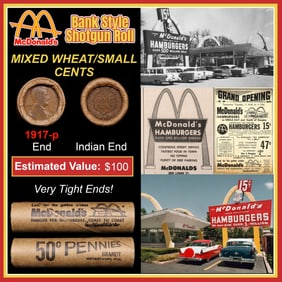 Lincoln Wheat Cent 1c Mixed Roll Orig Brandt McDonalds Wrapper, 1917-p end, Indian other end