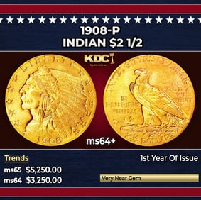 1908-p Gold Indian Quarter Eagle $2 1/2 ms64+ SEGS