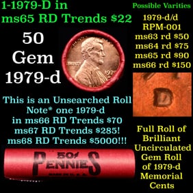 BU Shotgun Lincoln 1c roll, 1979-d 50 pcs Bank Wrapper 50c