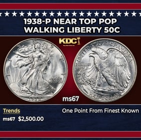 1938-p Walking Liberty Half Dollar Near Top Pop 50c ms67 SEGS