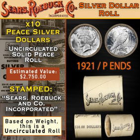Uncirculated Peace Dollar 10 Coin Roll SEARS 1921/'P' Rev End