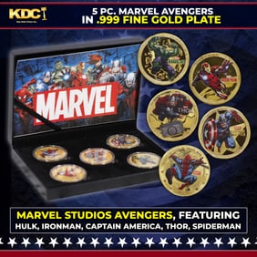 5 Coin Gold Plated Marvel Avengers Superhero Set Includes Hulk, Iron Man, Hawkeye, Thor, & Captain