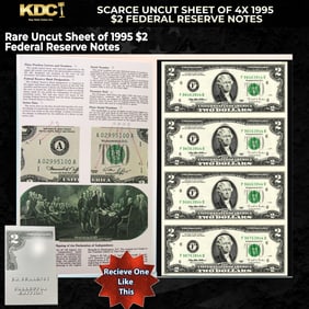 Scarce Uncut Sheet of 4x 1995 $2 Federal Reserve Notes In BeP Folder