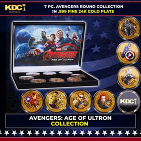 7 Coin Marvel AVENGERS Age Of Ultron 24k Gold Plated Round Collection