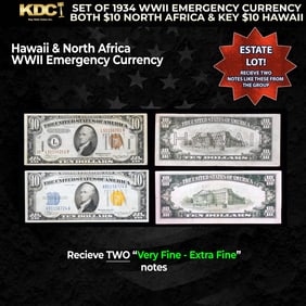 Set of 1934 WWII Emergency Currency Both $10 North Africa & KEY $10 Hawaii Grades VF/XF