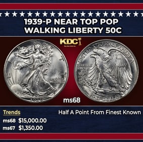 1939-p Walking Liberty Half Dollar Near Top Pop 50c ms68 SEGS