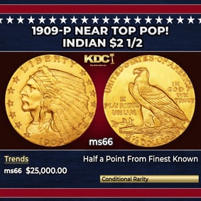 1909-p Gold Indian Quarter Eagle Near Top Pop! $2 1/2 ms66 USCG