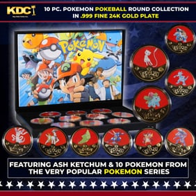 10 Coin Pokemon - Pokeball Gold Plated Round Collection In Custom Box W/ Special Backer card