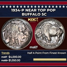 1934-p Buffalo Nickel Near Top Pop 5c ms67 SEGS