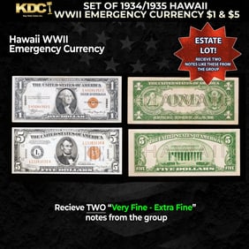 Set of 1934/1935 Hawaii WWII Emergency Currency $1 & KEY $5 Grades VF/XF