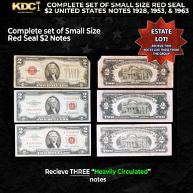 Complete Set Of Small Size Red Seal $2 United States Notes 1928, 1953, & 1963 Heavily Circulated