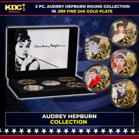 5 Coin Audrey Hepburn 24k Gold Plated Round Collection In Custom Box W/ Special Backer card