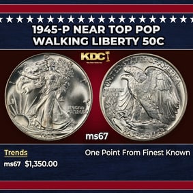1945-p Walking Liberty Half Dollar Near Top Pop 50c ms67 SEGS
