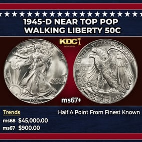 1945-d Walking Liberty Half Dollar Near Top Pop 50c ms67+ SEGS