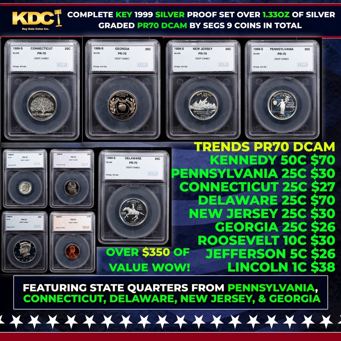 Rare 1999 US Silver Proof Set Graded pr70 DCAM By SEGS about 1.5 oz of pure silver KEY TO THE (1 of 11)