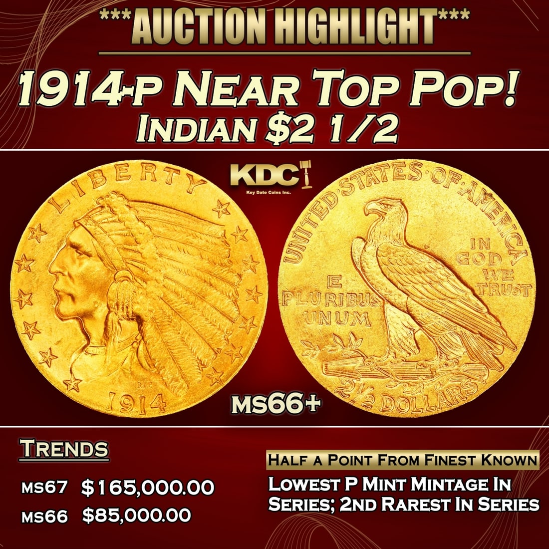 1914-p Gold Indian Quarter Eagle Near Top Pop! $2 1/2 ms66+ USCG: 1914-p Near Top Pop! Gold Indian Quarter Eagle $2 1/2 ms66+ USCG. The 1914 Indian quarter eagle boasts the lowest mintage of any Philadelphia issue of the series, at a mere 240,000 pieces. The 1914 is