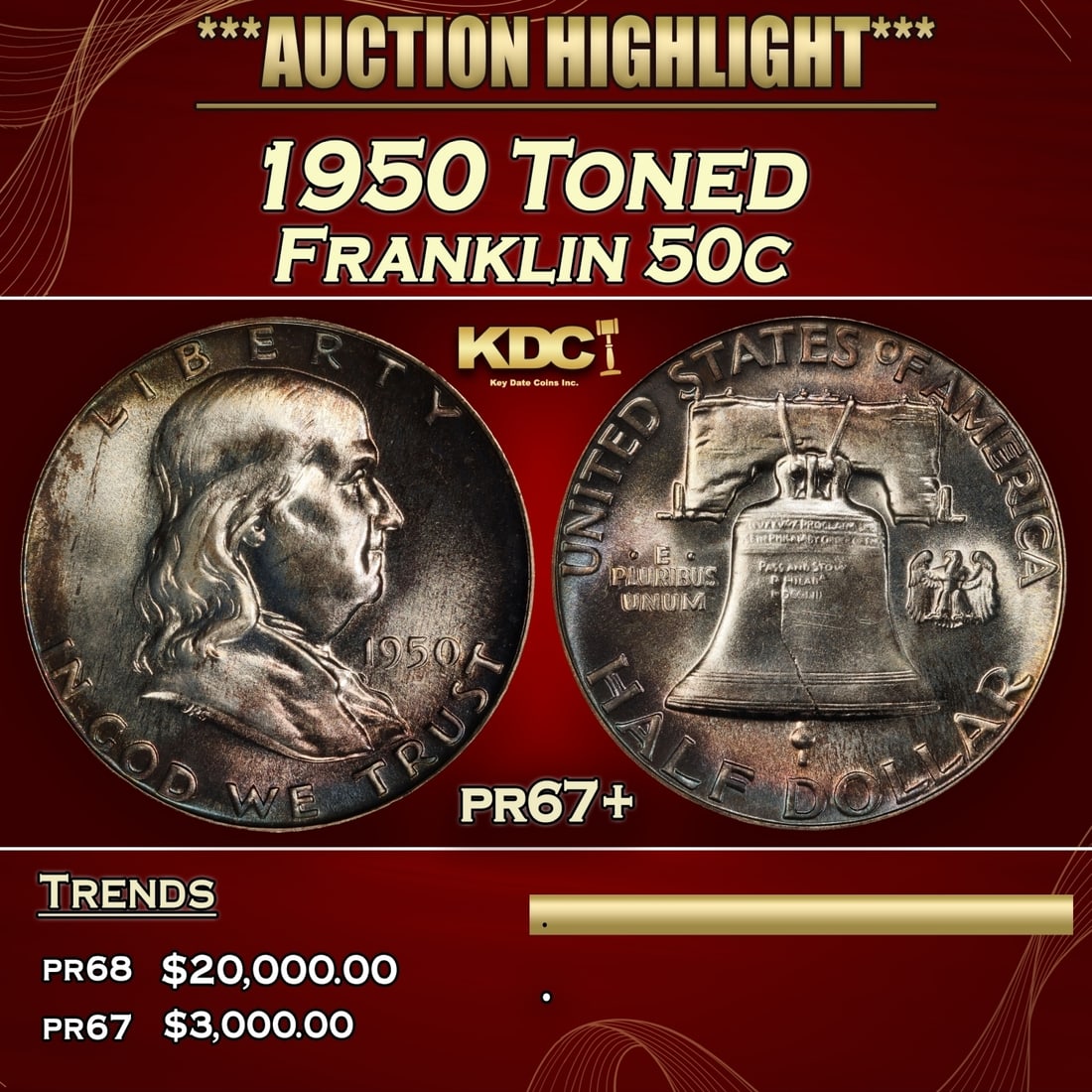 1950 Proof Franklin Half Dollar Toned 50c pr67+ SEGS (1 of 3)