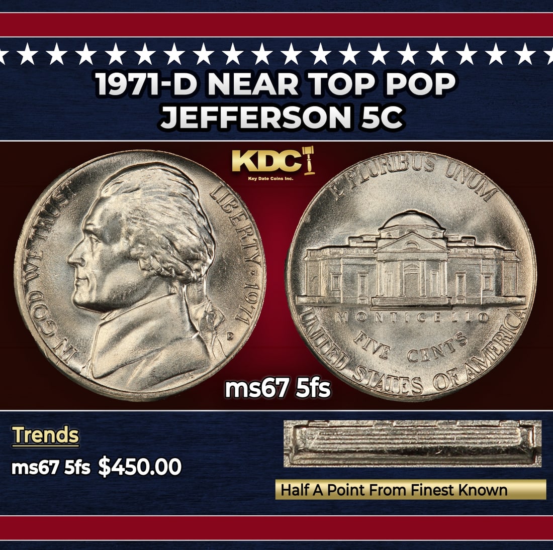 1971-d Jefferson Nickel Near Top Pop 5c ms67 5fs SEGS: 1971-d Near Top Pop Jefferson Nickel 5c ms67 5fs SEGS.